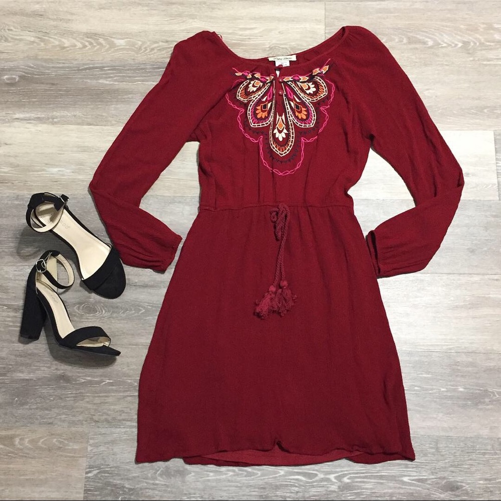 Flying Tomato Burgundy Red Embroidered Dress